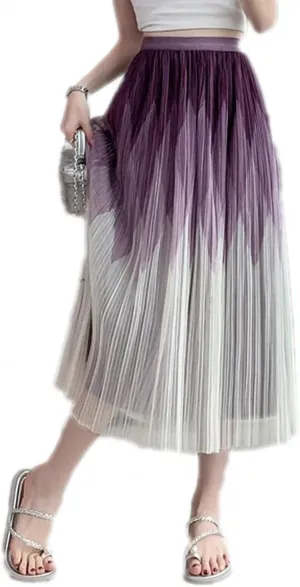Women's Gradient Color Vintage Midi Skirt Elastic Waist A Line Pleated Skirts Spring Summer