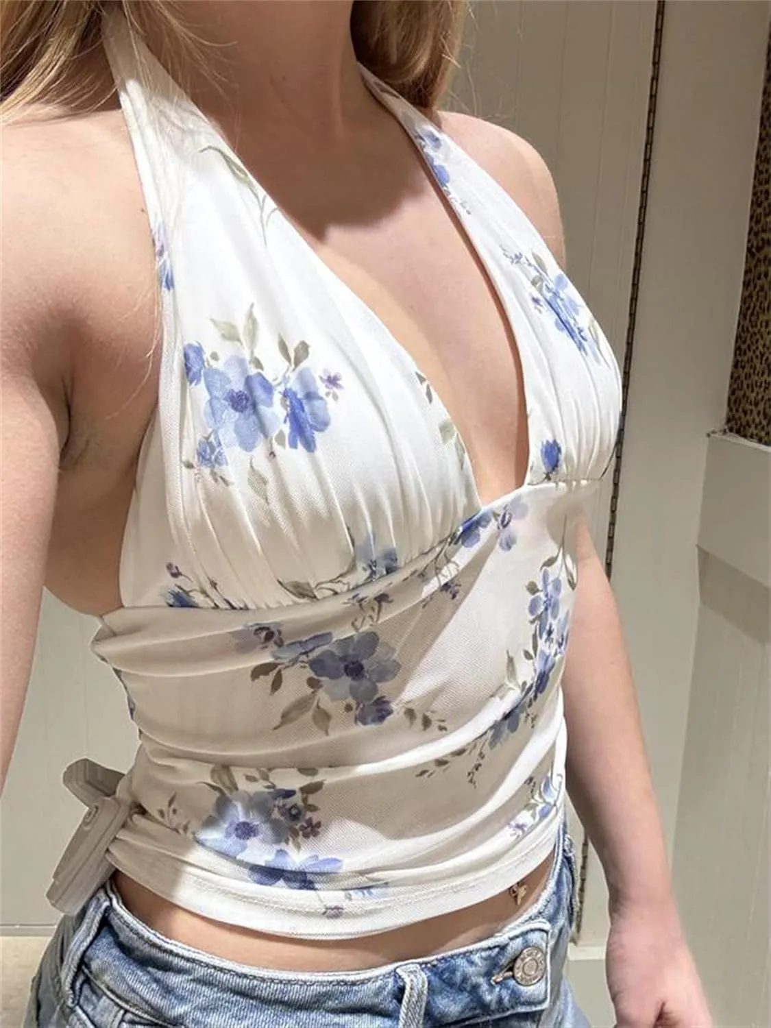 Women's lace up Halter Vest Sexy Sleeveless Deep V Neck Crop Tank Tops Solid Color Tie Back Camisole Top