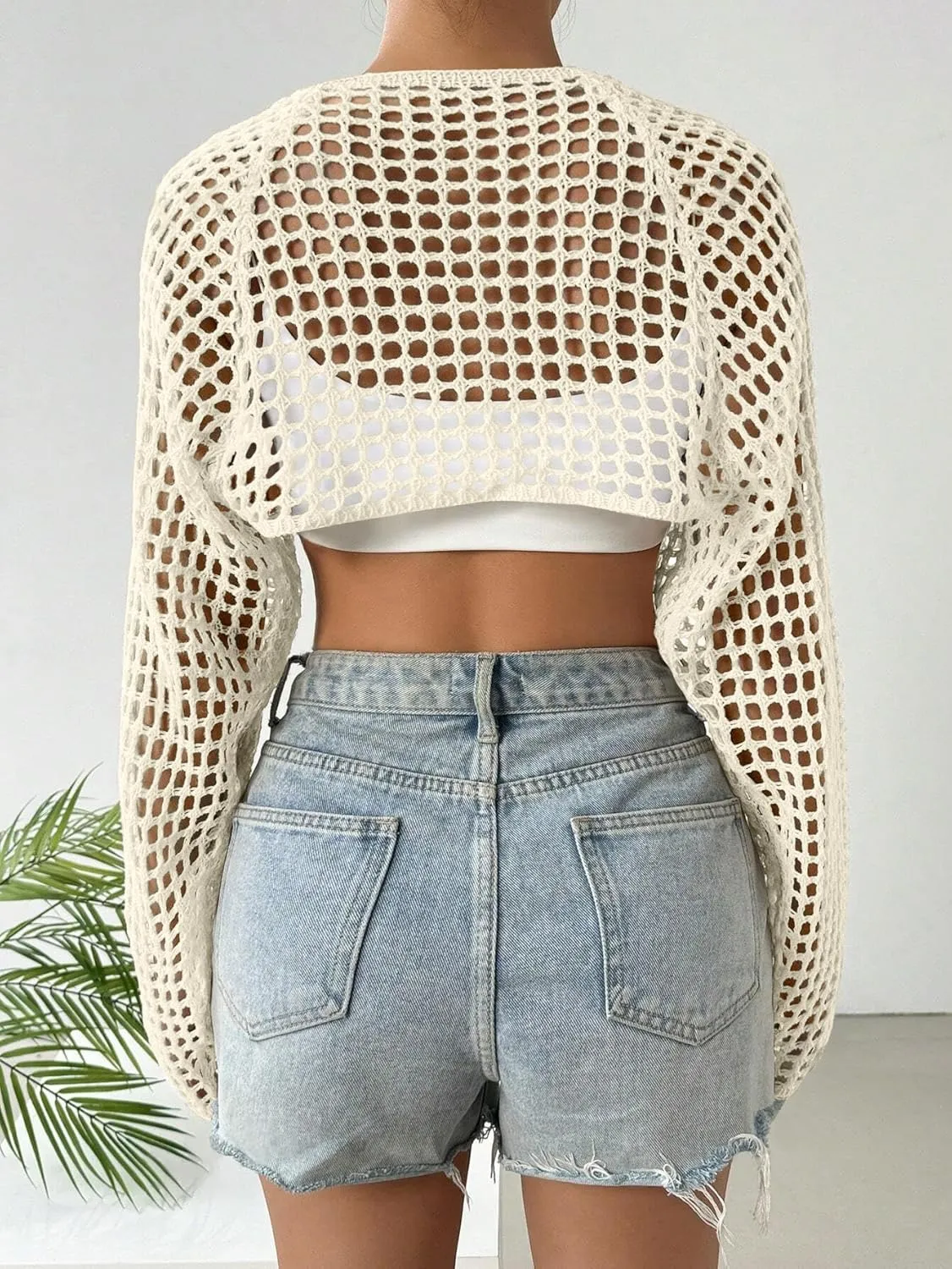 Women's Lightweight Crop Cardigan Crochet Knit Long Sleeve Bolero Shrug Sweater