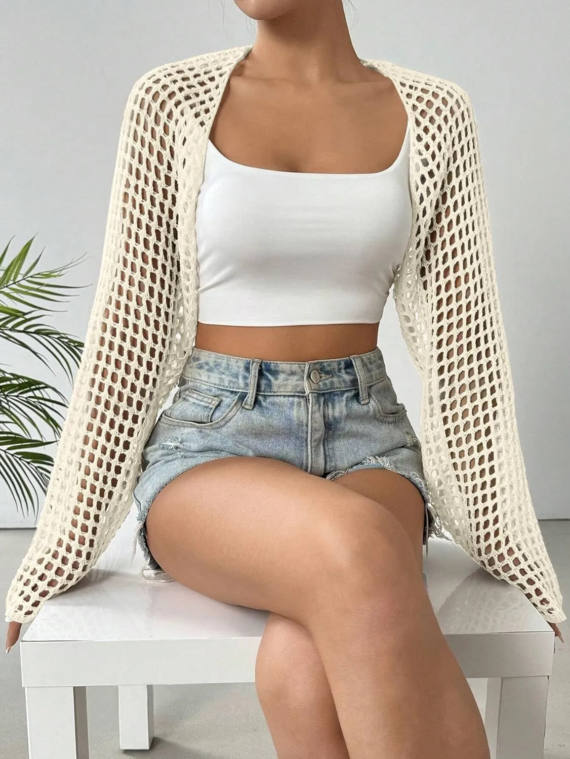 Women's Lightweight Crop Cardigan Crochet Knit Long Sleeve Bolero Shrug Sweater
