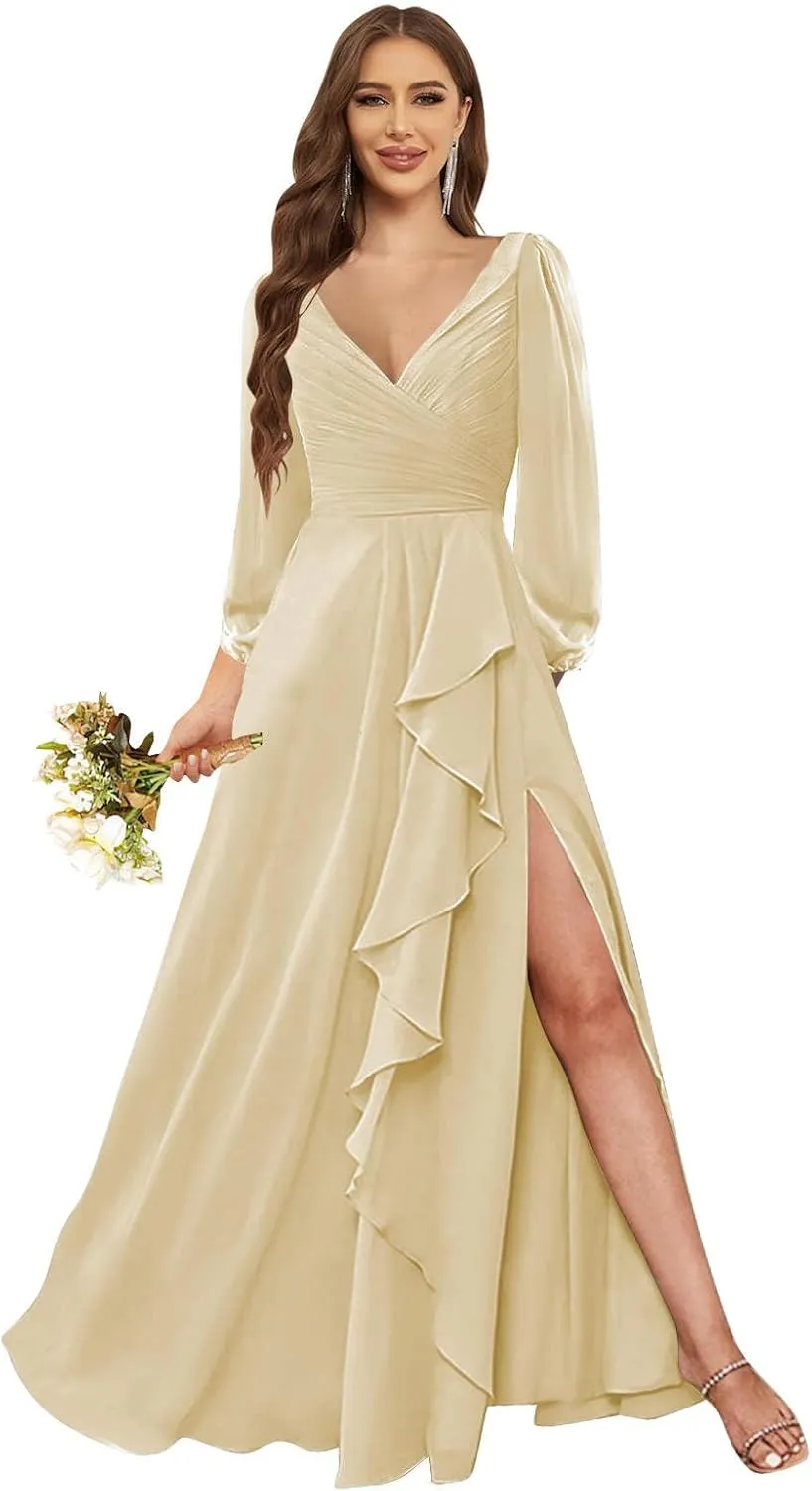 Women's Long Sleeve Bridesmaid Dresses for Wedding with Slit Pleated Chiffon Formal Evening Gowns
