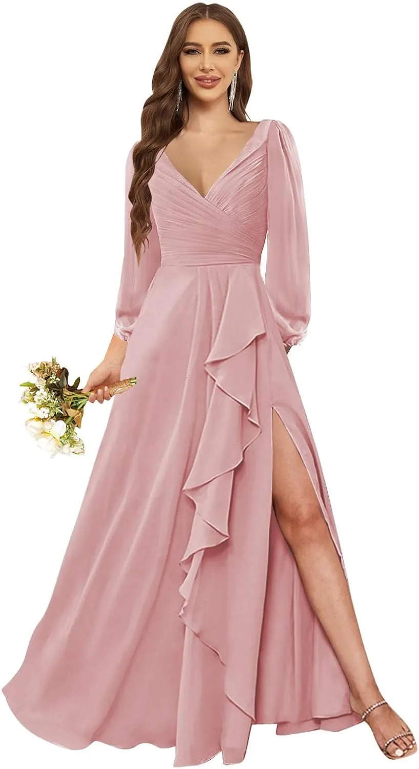 Women's Long Sleeve Bridesmaid Dresses for Wedding with Slit Pleated Chiffon Formal Evening Gowns