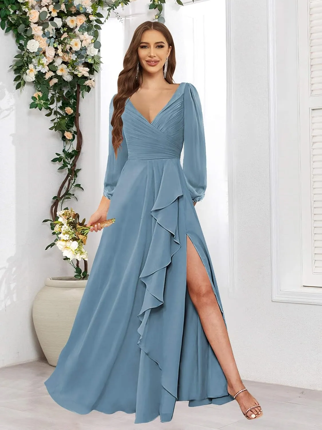 Women's Long Sleeve Bridesmaid Dresses for Wedding with Slit Pleated Chiffon Formal Evening Gowns