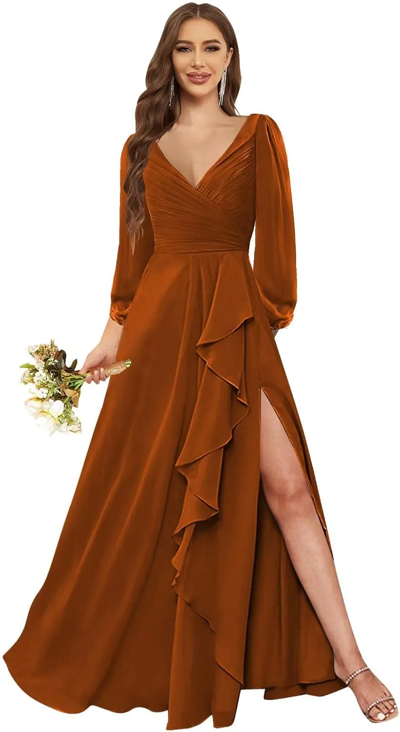 Women's Long Sleeve Bridesmaid Dresses for Wedding with Slit Pleated Chiffon Formal Evening Gowns