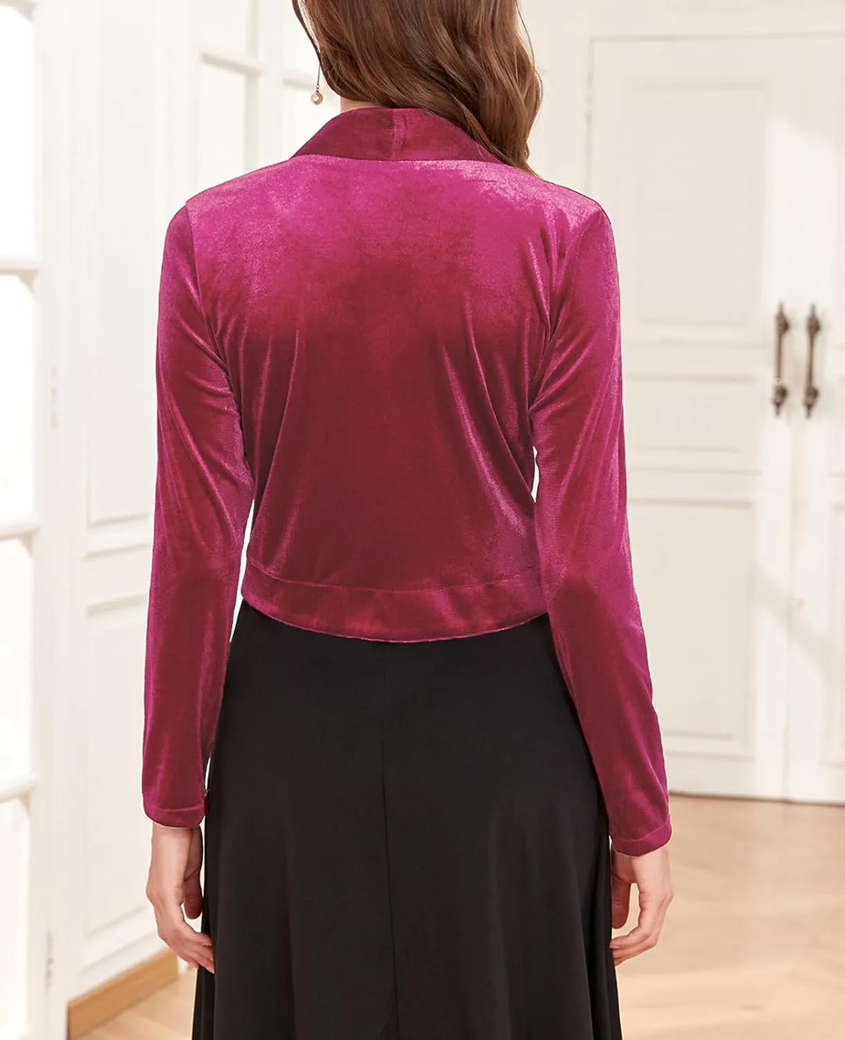 Women's Long Sleeve Velvet Shrug for Dresses Cocktail Party Open Front Cropped Bolero Cardigan Top