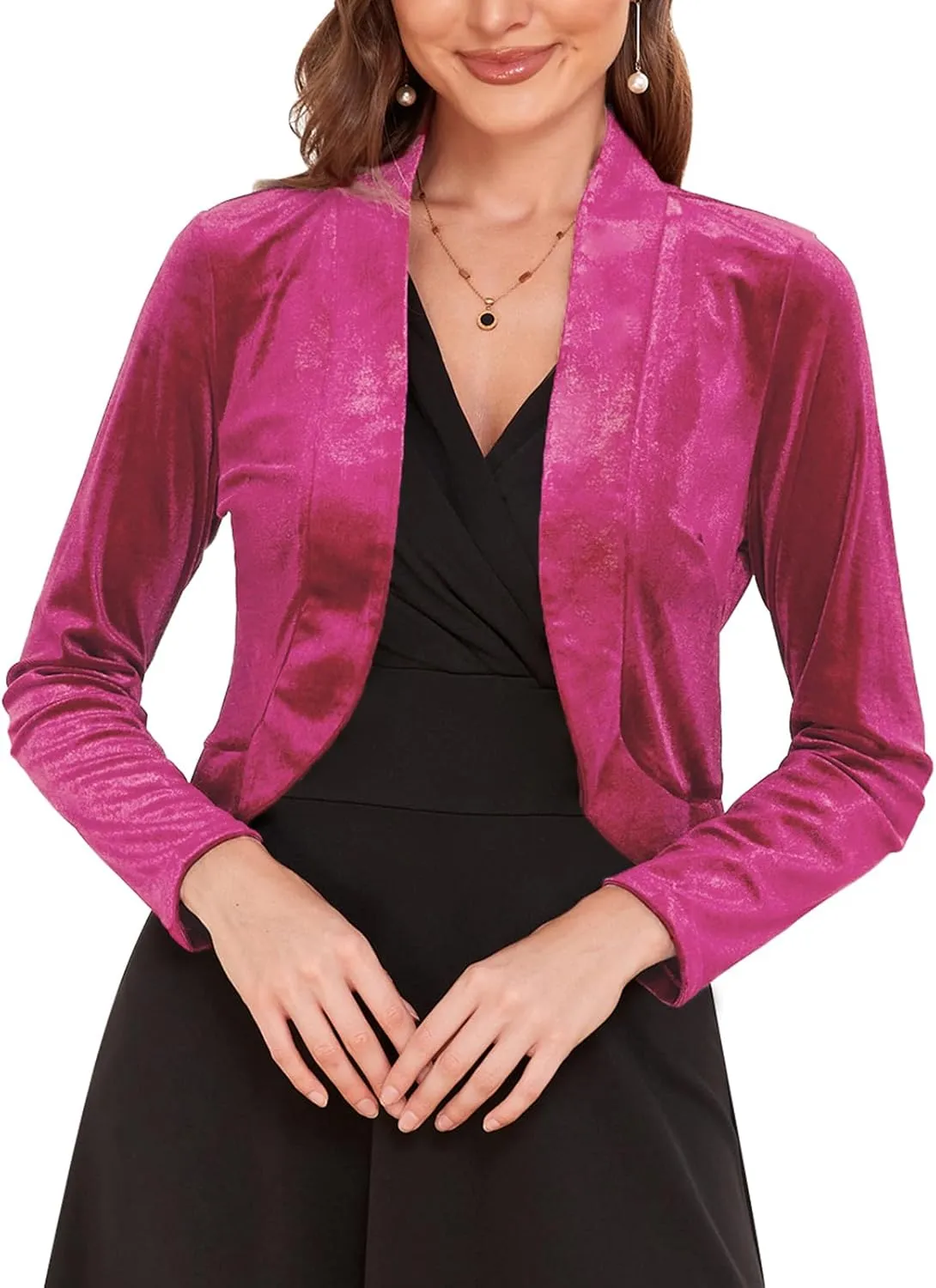 Women's Long Sleeve Velvet Shrug for Dresses Cocktail Party Open Front Cropped Bolero Cardigan Top