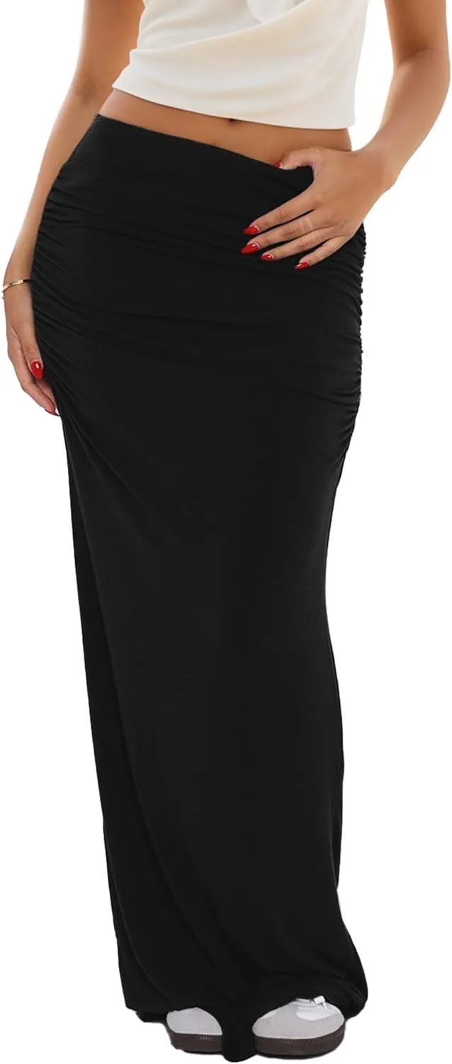Womens Maxi Skirt Low Waist Ruched Low-Rise Fit Solid Y2K Summer Casual Bodycon Tube Long Skirts