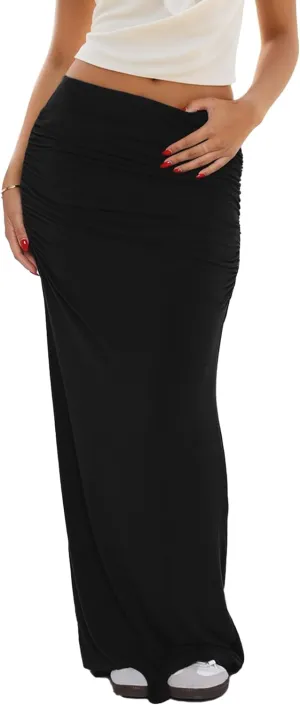 Womens Maxi Skirt Low Waist Ruched Low-Rise Fit Solid Y2K Summer Casual Bodycon Tube Long Skirts