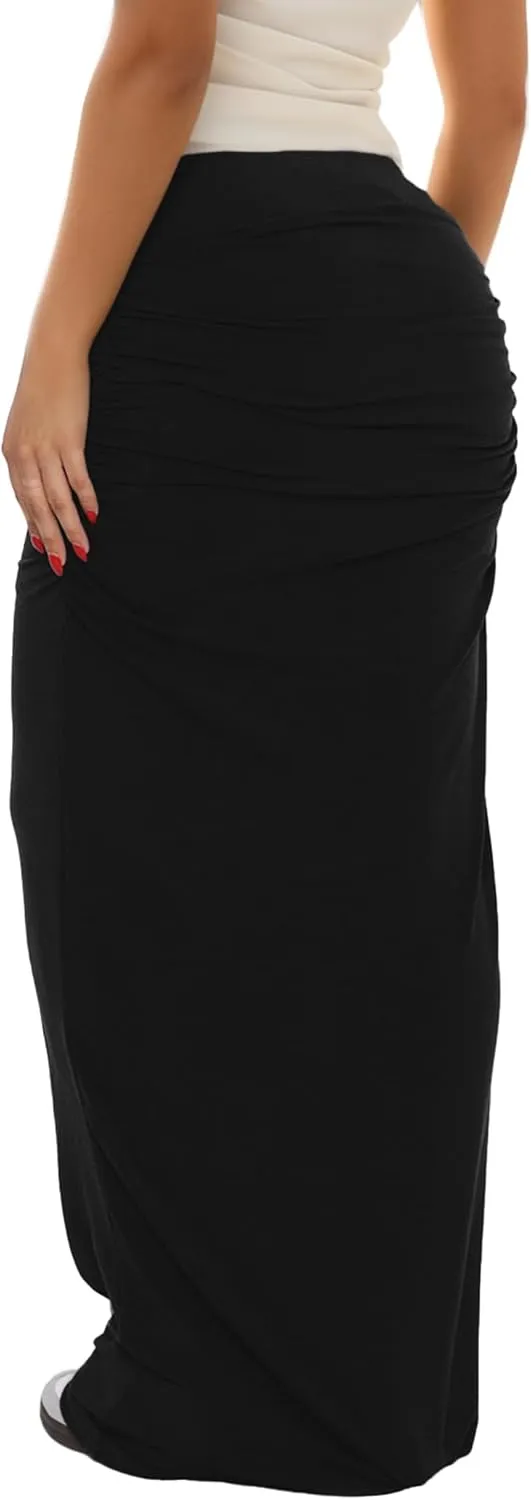 Womens Maxi Skirt Low Waist Ruched Low-Rise Fit Solid Y2K Summer Casual Bodycon Tube Long Skirts