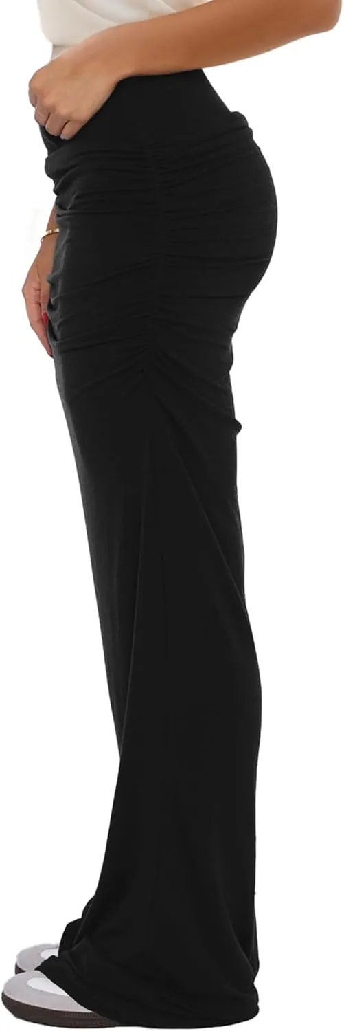 Womens Maxi Skirt Low Waist Ruched Low-Rise Fit Solid Y2K Summer Casual Bodycon Tube Long Skirts