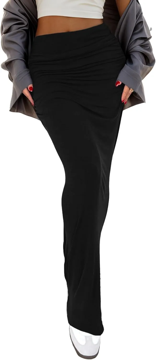 Womens Maxi Skirt Low Waist Ruched Low-Rise Fit Solid Y2K Summer Casual Bodycon Tube Long Skirts