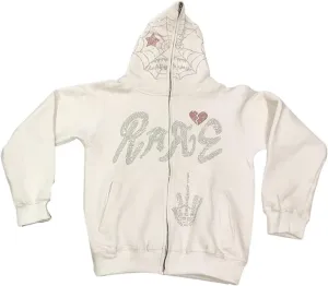 Womens Men Fashion Rhinestone Skull Print Streetwear Zip Up Hoodie Y2k Vintage Graphic Oversized Sweatshirt Jacket