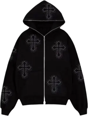 Womens Men Fashion Rhinestone Skull Print Streetwear Zip Up Hoodie Y2k Vintage Graphic Oversized Sweatshirt Jacket
