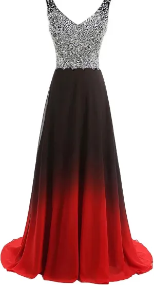 Women's Ombre Chiffon Bridesmaid Dresses Long Sequins Beaded Prom Party Dress for Juniors Plus