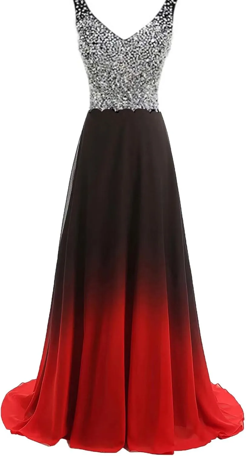 Women's Ombre Chiffon Bridesmaid Dresses Long Sequins Beaded Prom Party Dress for Juniors Plus