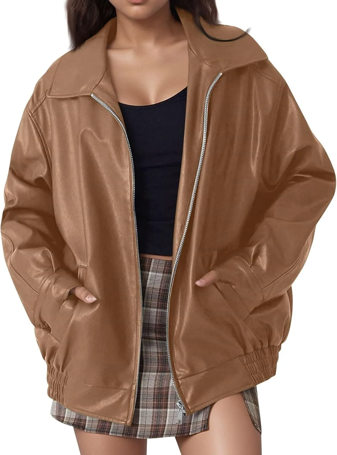 Womens Oversized Faux Leather Jacket Full Zip Up Long Sleeve Casual Motorcycle Outwear Faux Suede Bomber Jackets