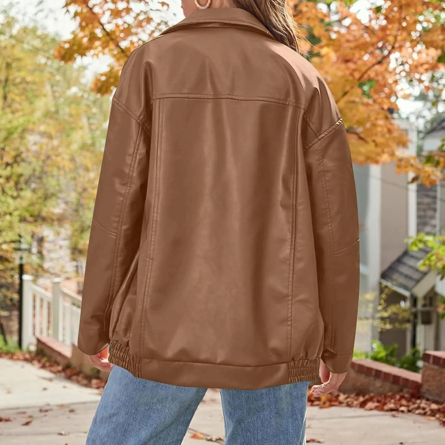 Womens Oversized Faux Leather Jacket Full Zip Up Long Sleeve Casual Motorcycle Outwear Faux Suede Bomber Jackets