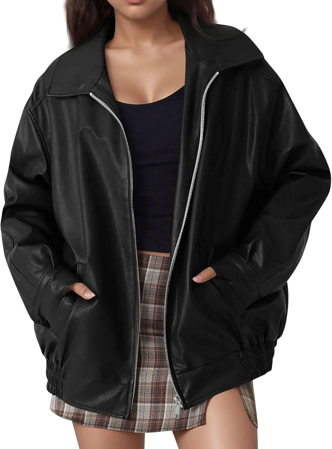Womens Oversized Faux Leather Jacket Full Zip Up Long Sleeve Casual Motorcycle Outwear Faux Suede Bomber Jackets