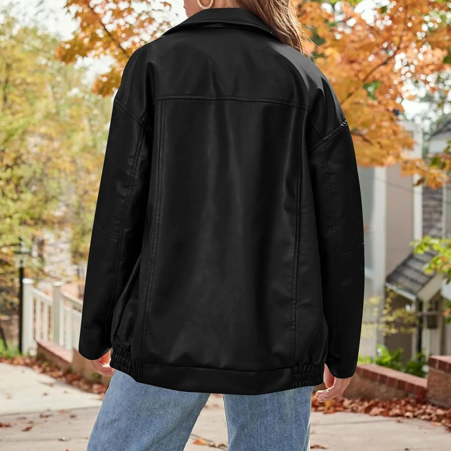 Womens Oversized Faux Leather Jacket Full Zip Up Long Sleeve Casual Motorcycle Outwear Faux Suede Bomber Jackets