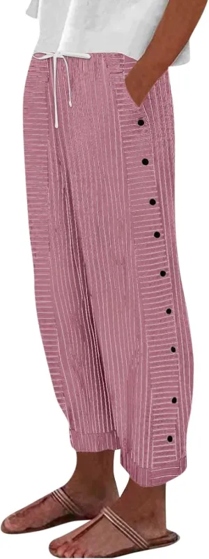 Women's Pants, Linen Straight Leg Peasant Pants Casual Side Button Loose Striped