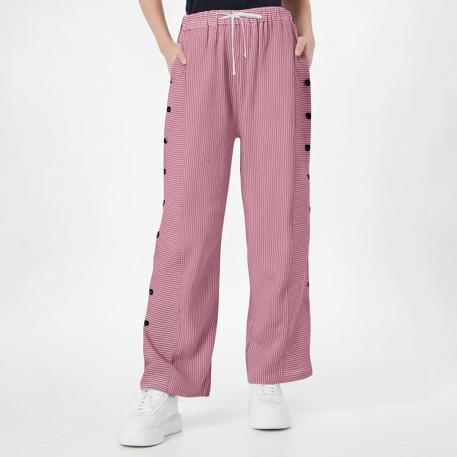 Women's Pants, Linen Straight Leg Peasant Pants Casual Side Button Loose Striped