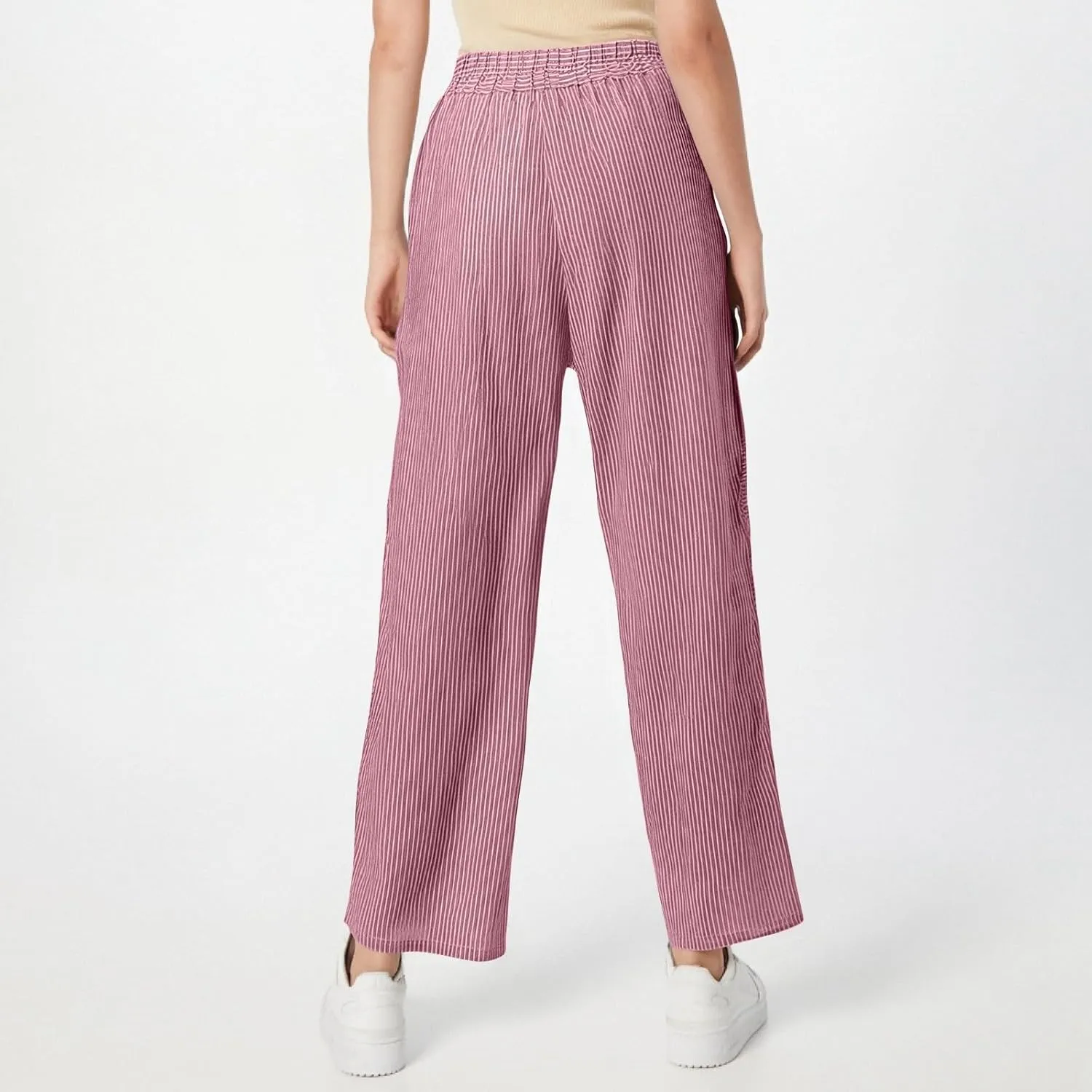 Women's Pants, Linen Straight Leg Peasant Pants Casual Side Button Loose Striped