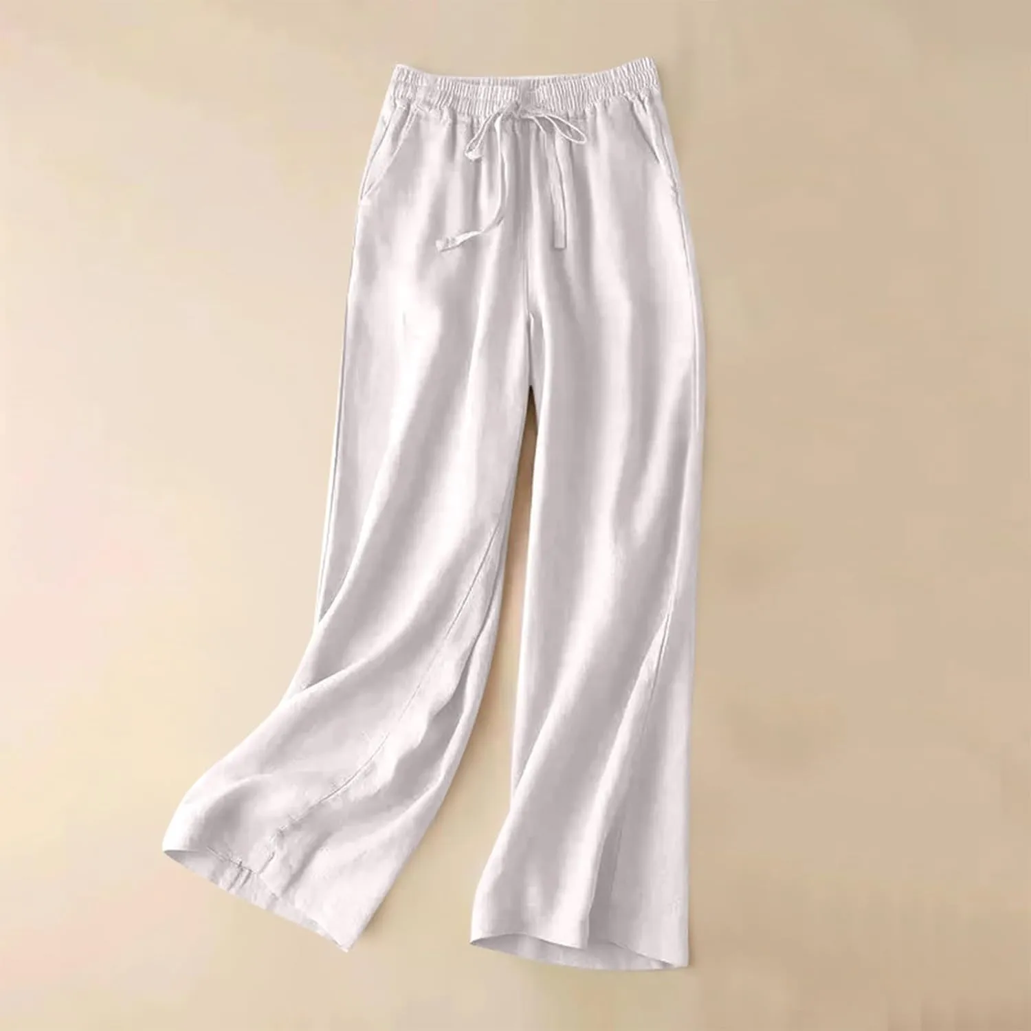Women's Pants, Wide Leg Cotton Linen Straight High Waisted Pants Lightweight Smocked
