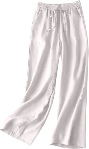 Women's Pants, Wide Leg Cotton Linen Straight High Waisted Pants Lightweight Smocked