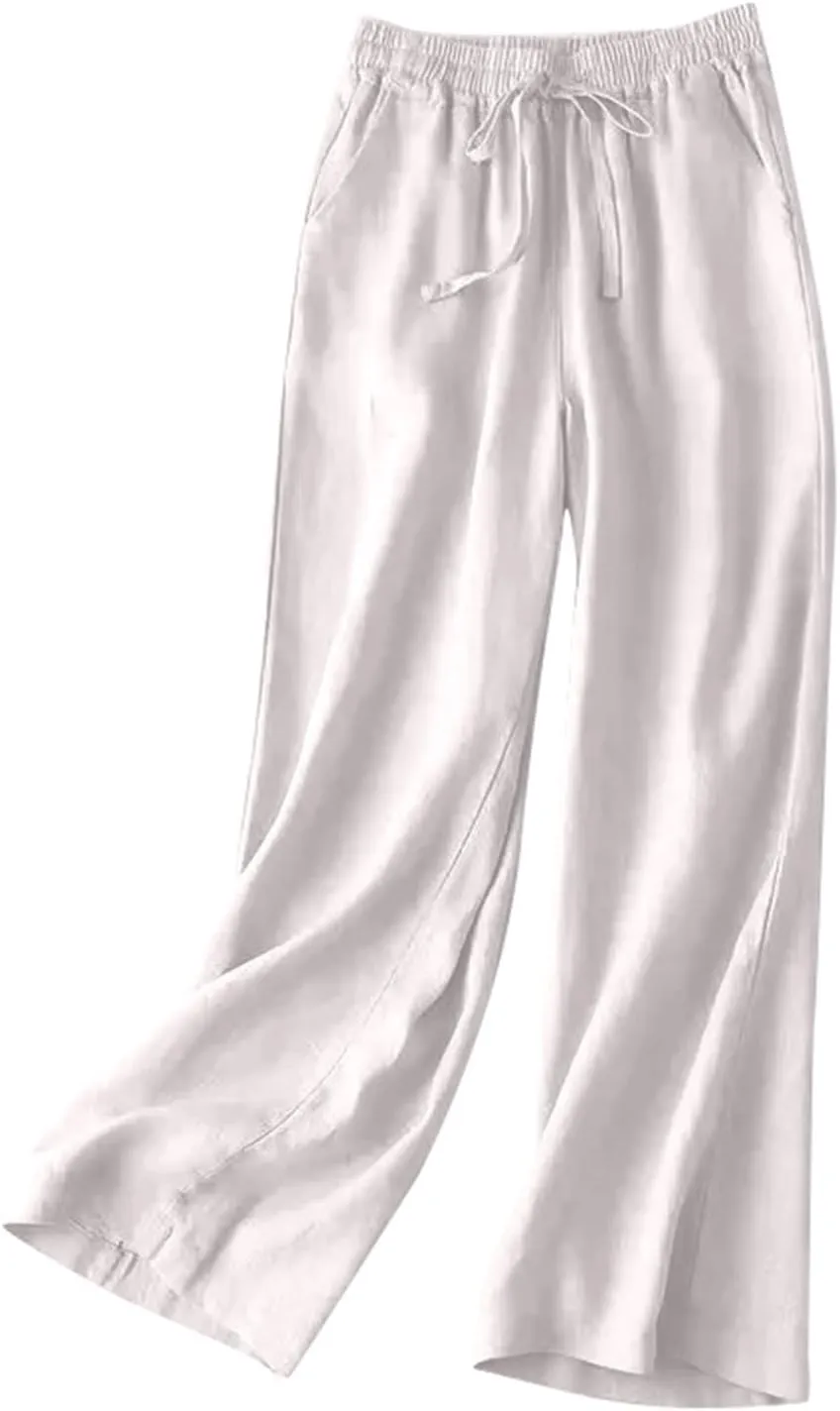 Women's Pants, Wide Leg Cotton Linen Straight High Waisted Pants Lightweight Smocked