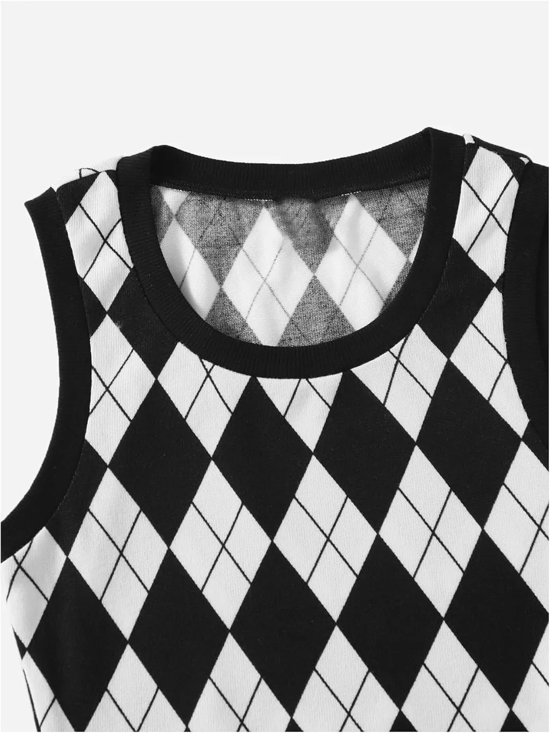 Women's Preppy Argyle Plaid Sweater Vest Sleeveless Crew Neck Knit Crop Tank Top Knitwear