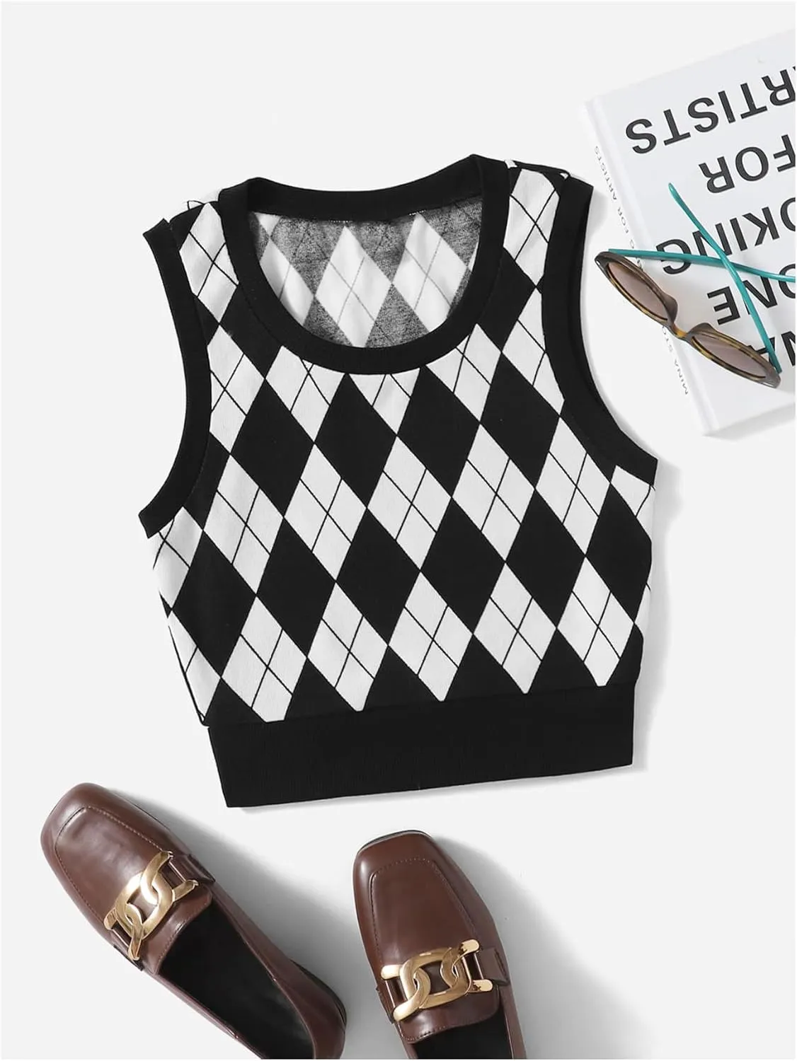 Women's Preppy Argyle Plaid Sweater Vest Sleeveless Crew Neck Knit Crop Tank Top Knitwear