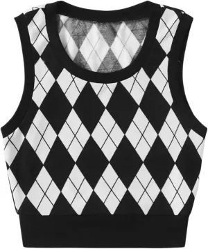 Women's Preppy Argyle Plaid Sweater Vest Sleeveless Crew Neck Knit Crop Tank Top Knitwear