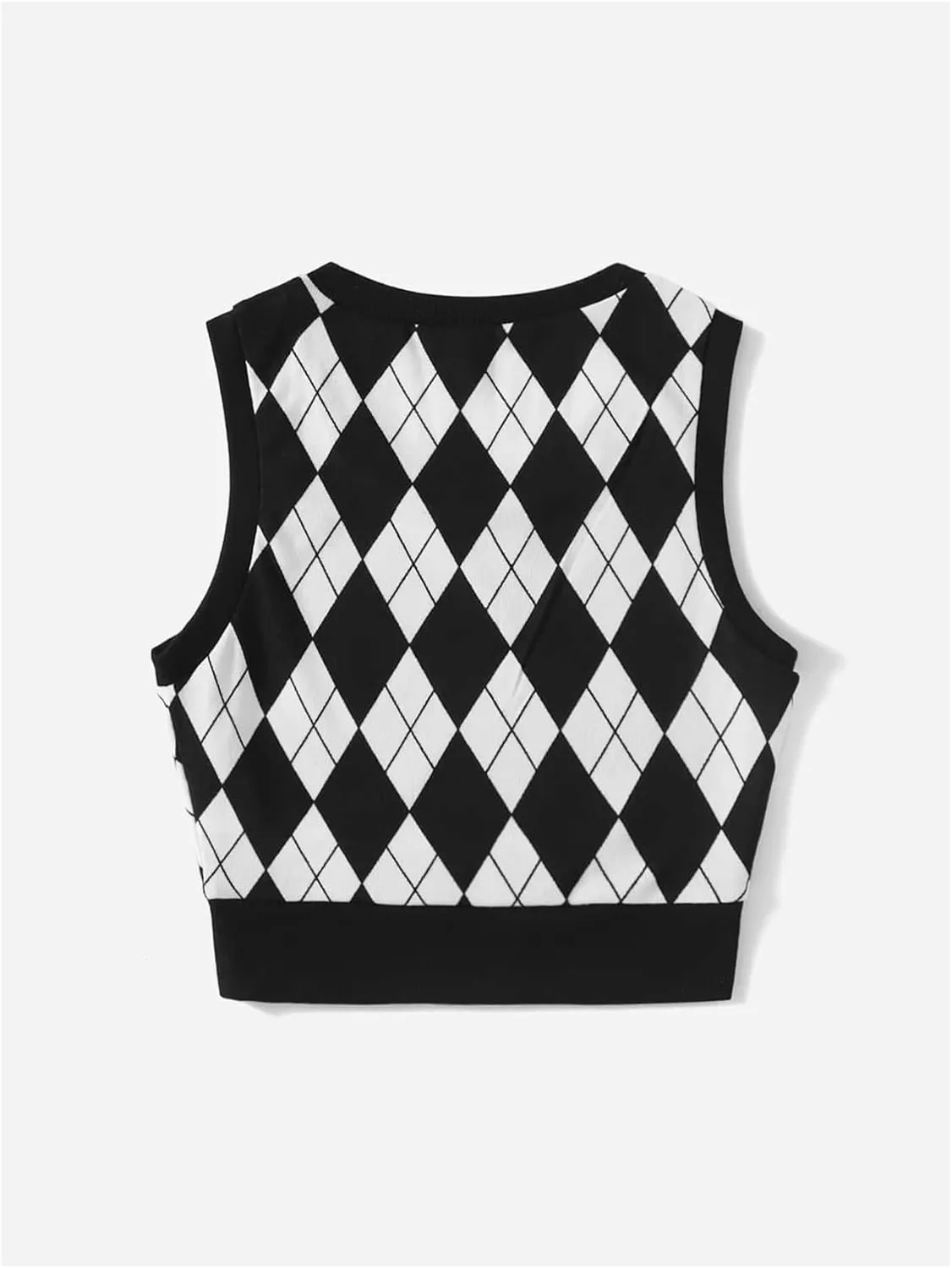 Women's Preppy Argyle Plaid Sweater Vest Sleeveless Crew Neck Knit Crop Tank Top Knitwear