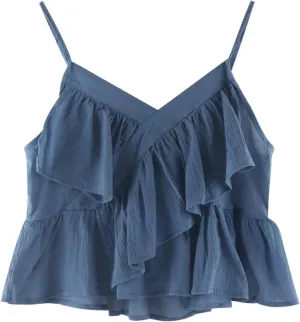 Women's Ruffled V-Neck Sleeveless Puffy Camisole Summer Back Slim Short Sling Tops