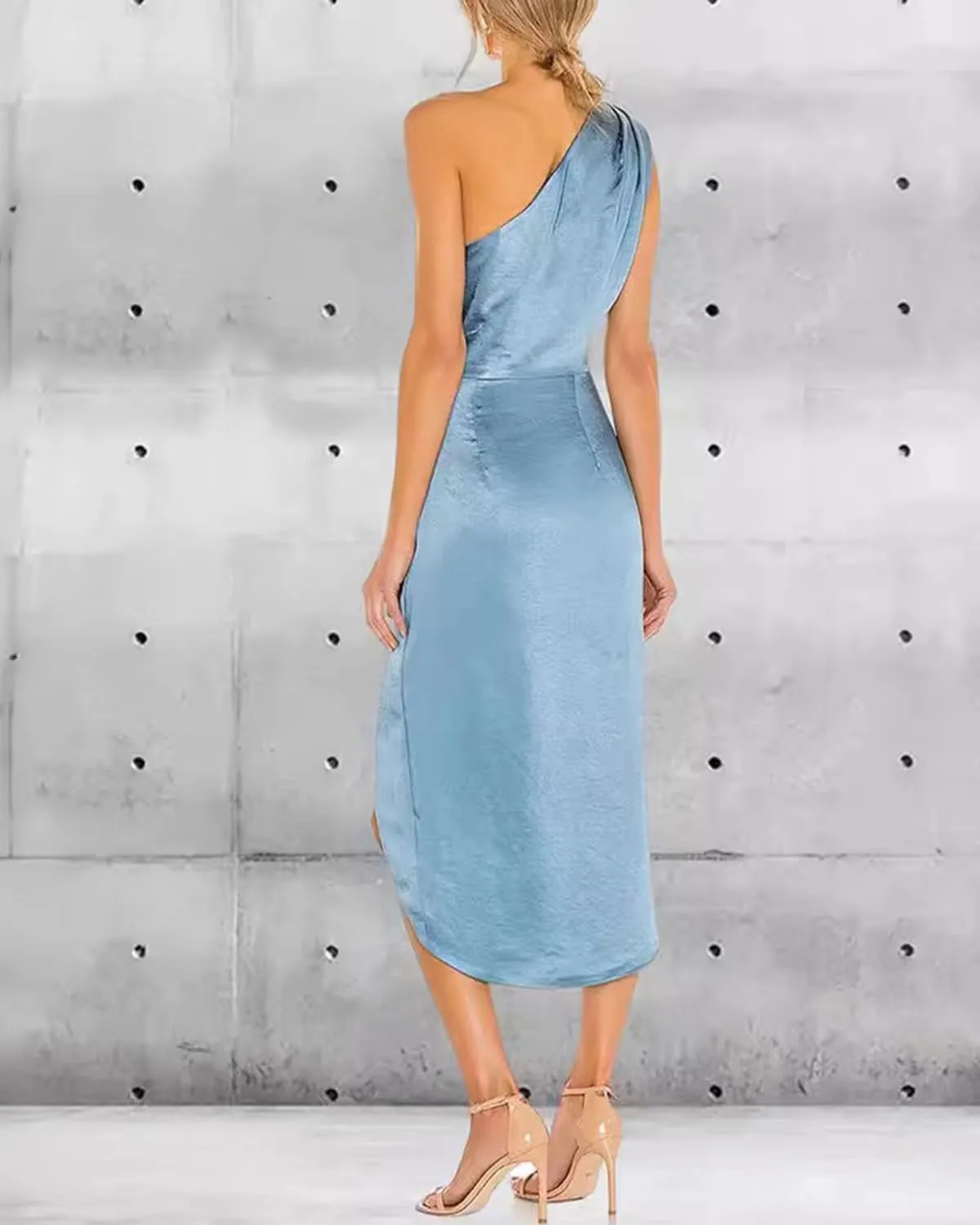 Women's Satin Formal Evening Dresses One Shoulder Wedding Guest Dress Ruched Midi Cocktail Gown with Slit RDX-FE1007