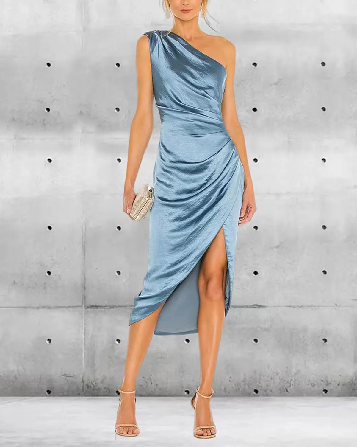 Women's Satin Formal Evening Dresses One Shoulder Wedding Guest Dress Ruched Midi Cocktail Gown with Slit RDX-FE1007