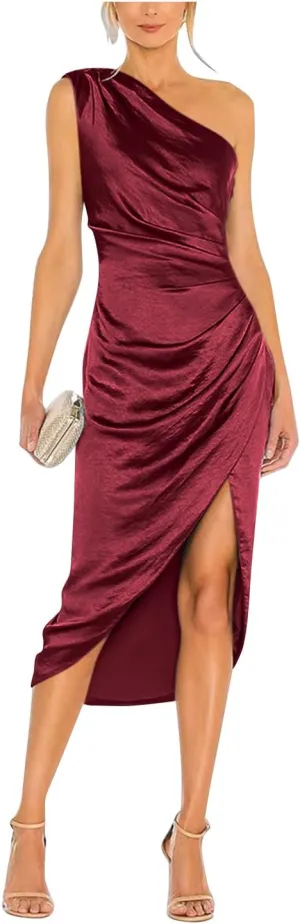 Women's Satin Formal Evening Dresses One Shoulder Wedding Guest Dress Ruched Midi Cocktail Gown with Slit RDX-FE1007
