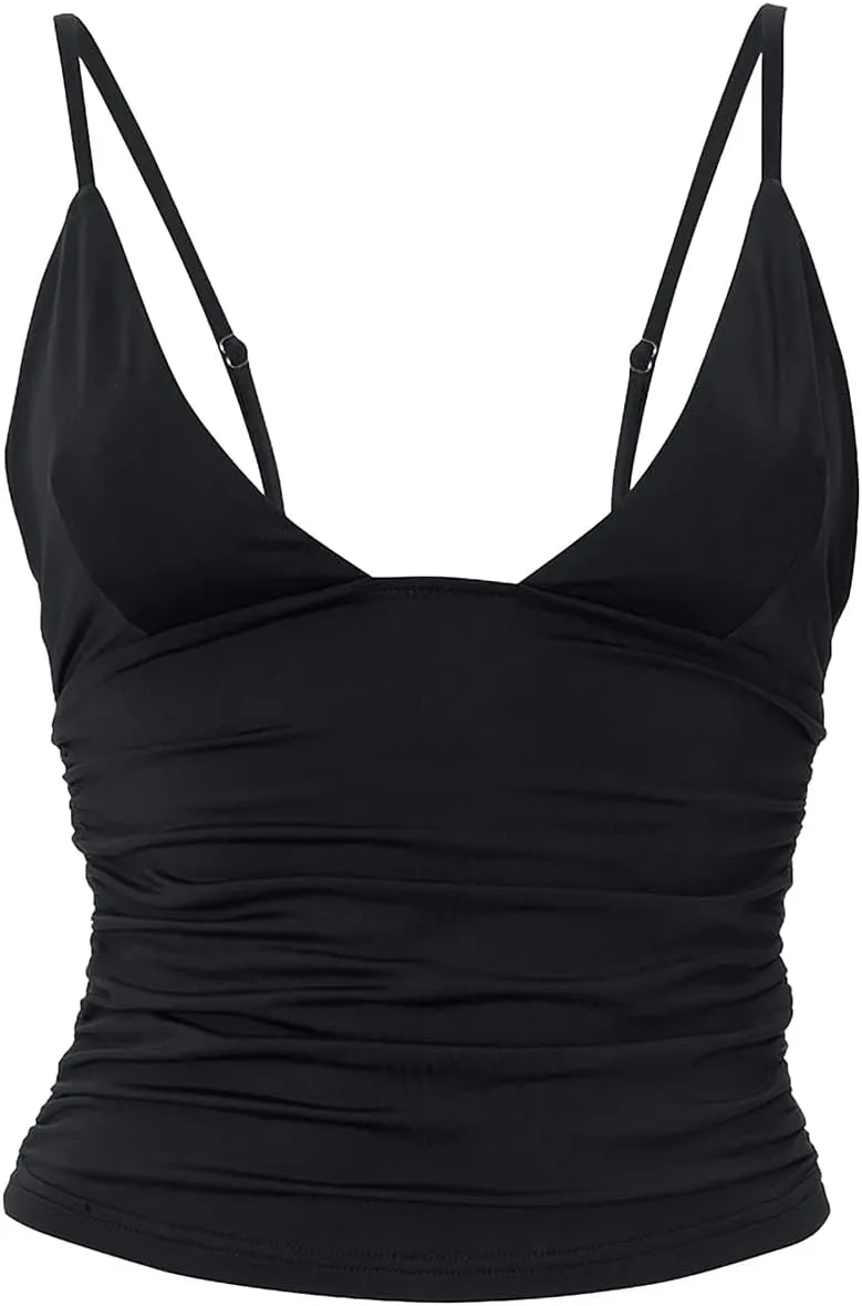 Women's Sexy Deep V Neck Sleeveless Spaghetti Strap Ruched Crop Tank Tops Slim Fit Cami Shirt