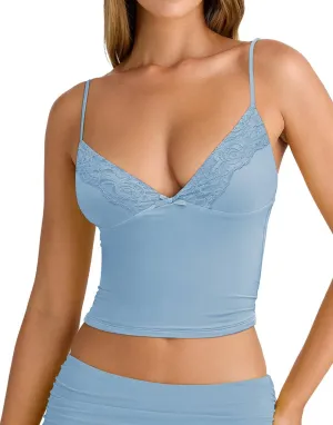Women's Sexy Lace V Neck Spaghetti Strap Tank Top Sleeveless Double Lined Fitted Going Out Camisole Tops