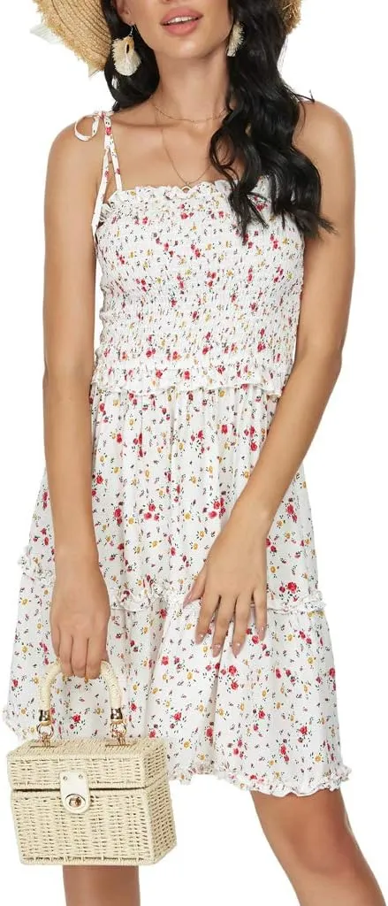 Women's Sleeveless Backless Tie Shoulder A Line Short Dresses Ruffle Tube Top Beach Mini Dress