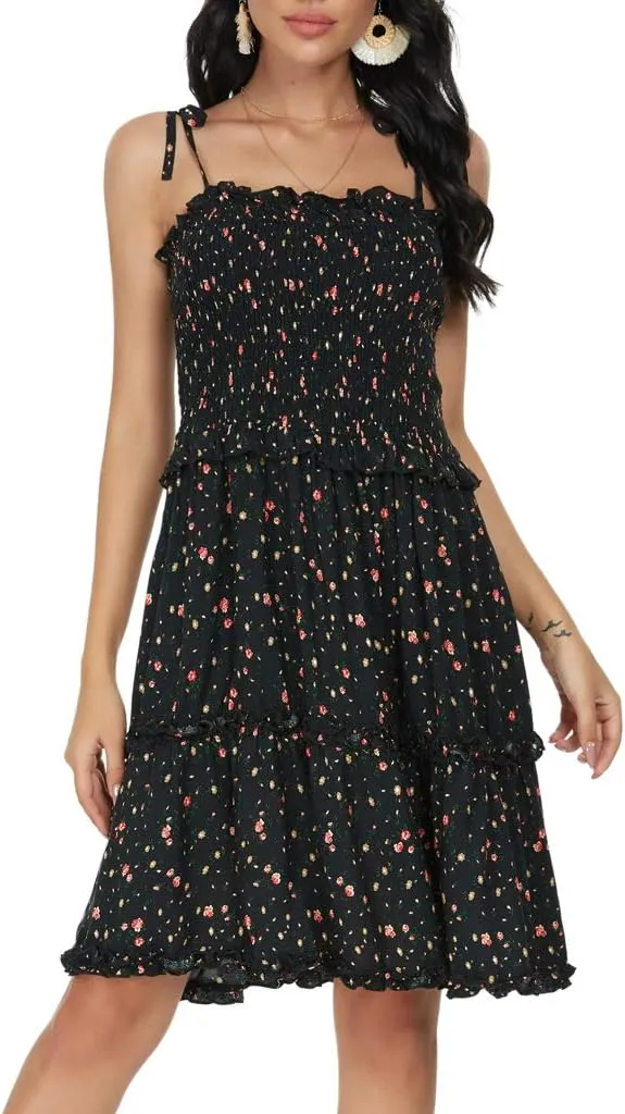Women's Sleeveless Backless Tie Shoulder A Line Short Dresses Ruffle Tube Top Beach Mini Dress