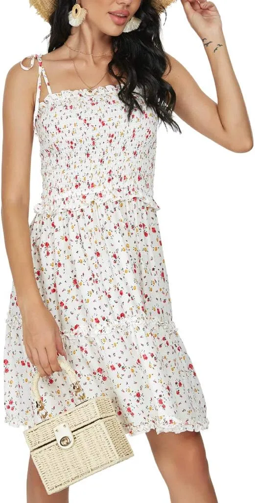 Women's Sleeveless Backless Tie Shoulder A Line Short Dresses Ruffle Tube Top Beach Mini Dress