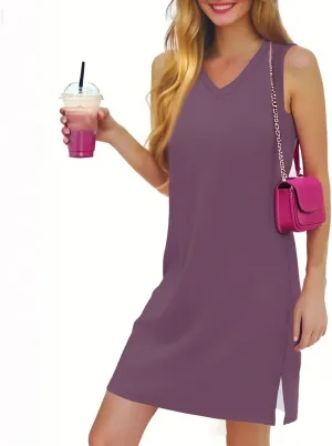 Women's Sleeveless Dresses Fashion V Neck Casual 2025 Dress with Side Slits Elegant Summer Dress Burgundy Sizes S-XL