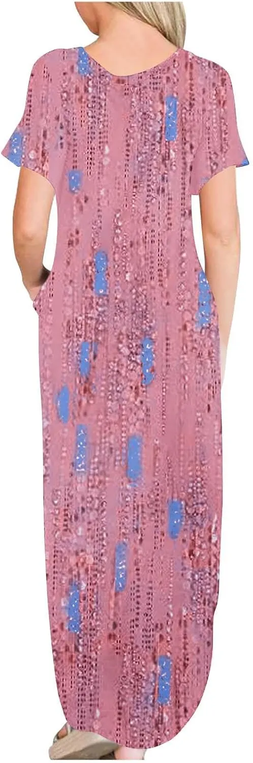 Womens Split Boho Floral Maxi Dresses Short Sleeve Casual Pocket Long Dress 2025 Summer Loose Flowy Beach Sundress