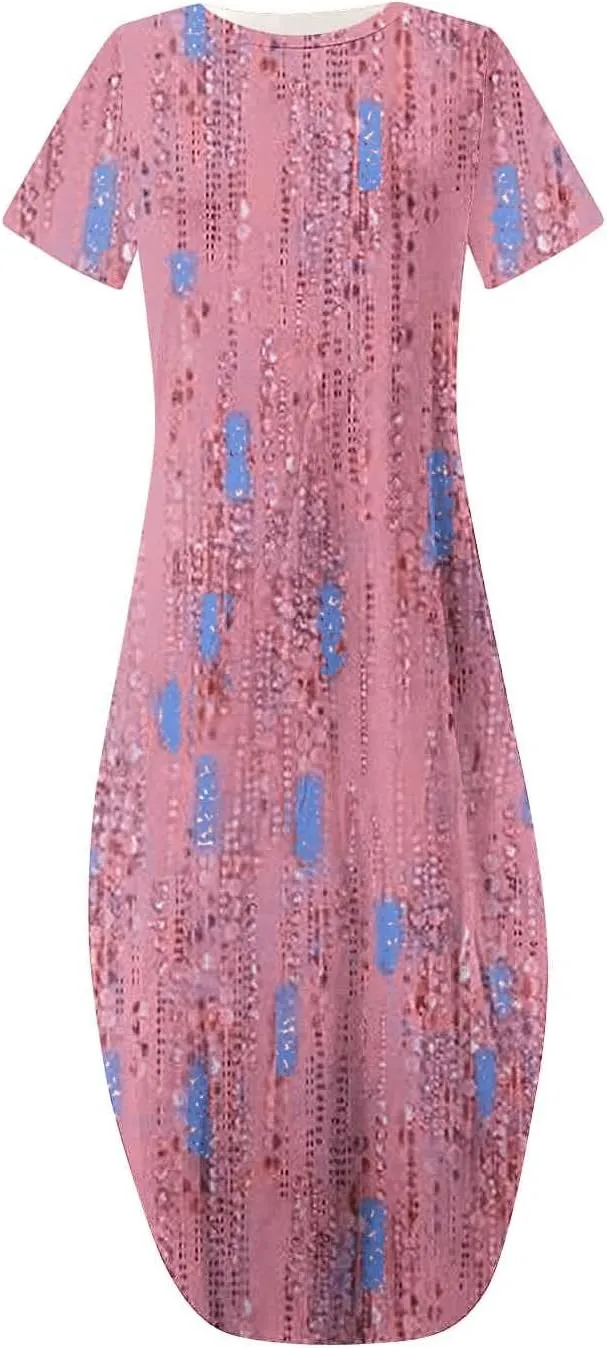 Womens Split Boho Floral Maxi Dresses Short Sleeve Casual Pocket Long Dress 2025 Summer Loose Flowy Beach Sundress