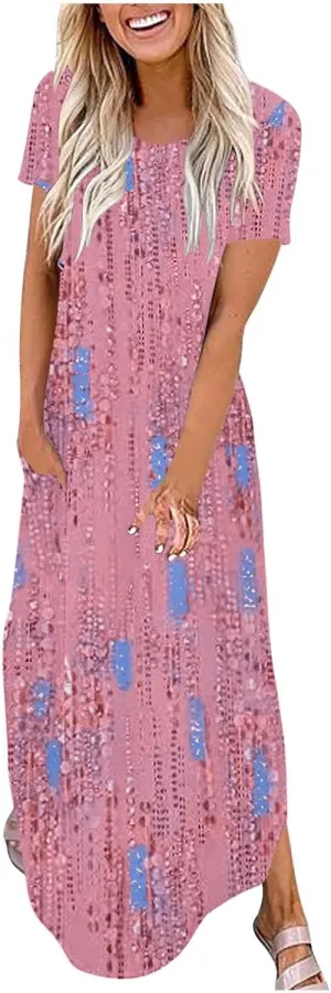 Womens Split Boho Floral Maxi Dresses Short Sleeve Casual Pocket Long Dress 2025 Summer Loose Flowy Beach Sundress