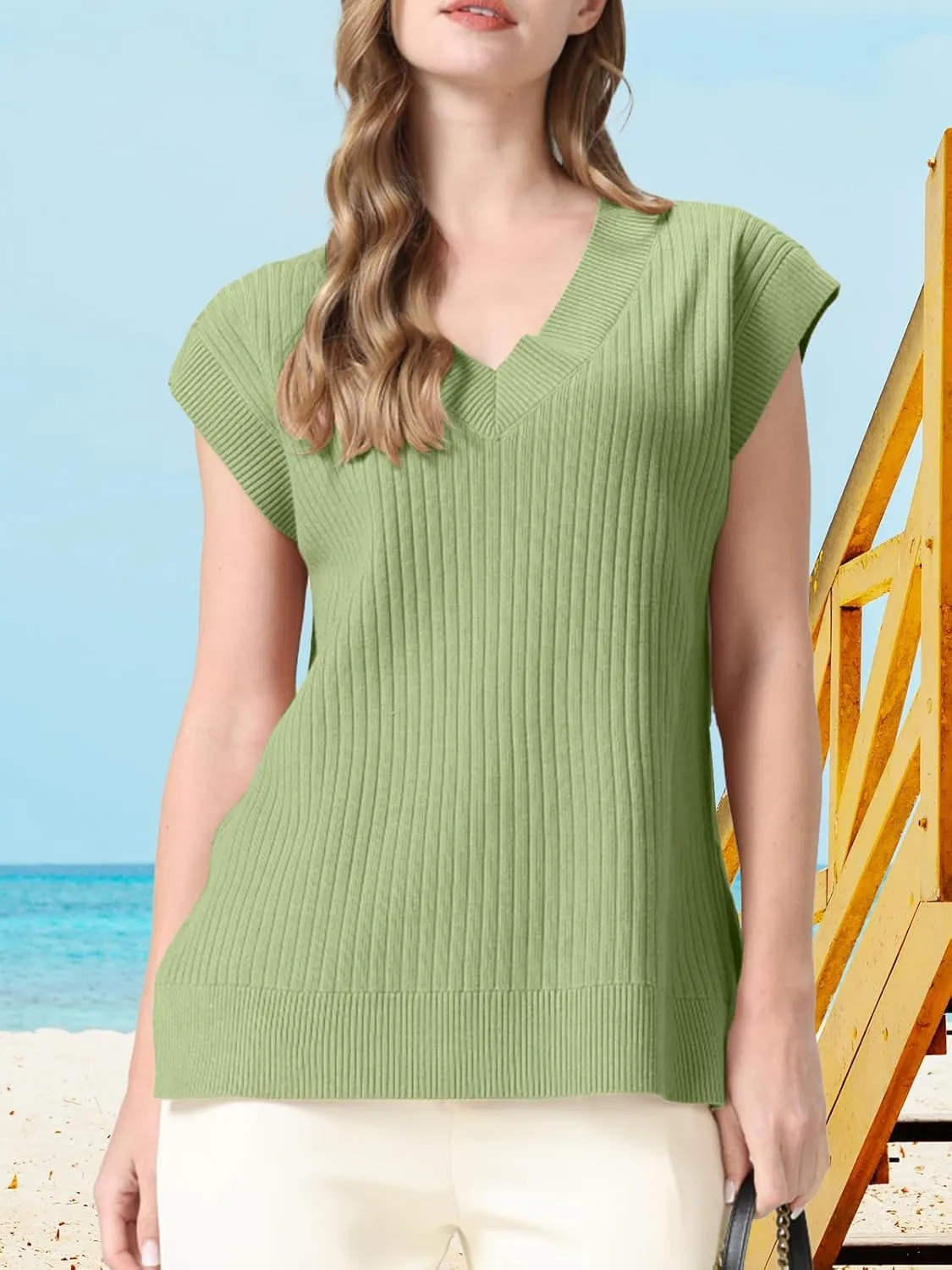 Womens Summer Tops 2025 Spring Sweater Vest Tank Top V Neck Ribbed Short Cap Sleeve Loose Fit Side Slit Trendy Casual Outfits