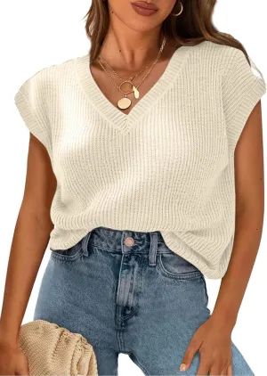 Womens Summer Tops Trendy 2025 Sweater Vest Women Knit Tank Tops V Neck Cap Sleeve Loose Shirts Vacation Casual Outfits