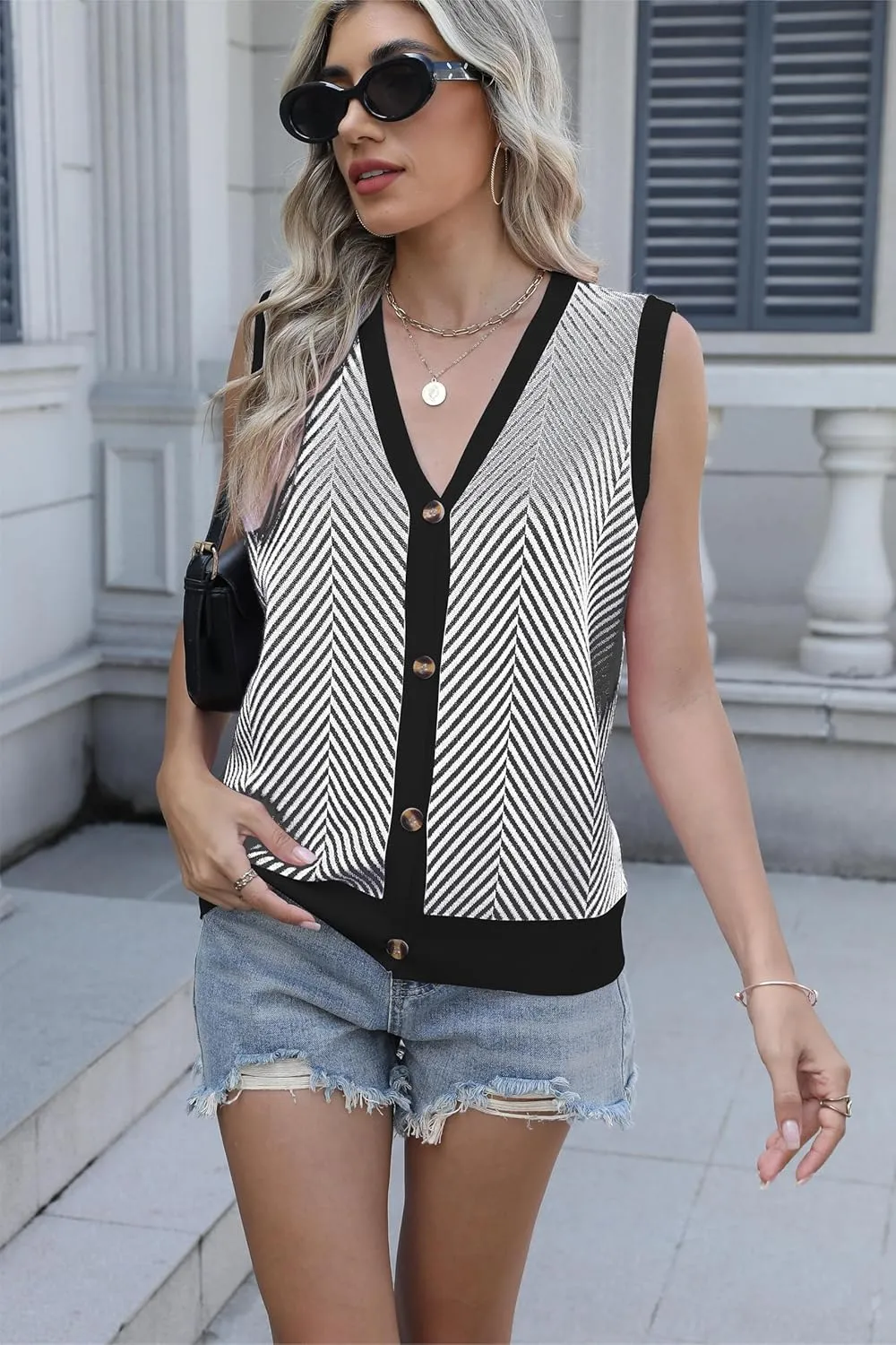 Womens Sweater Vest Summer Striped Cardigan Tops 2025 Sleeveless Button Down Casual Business Knit Outfits