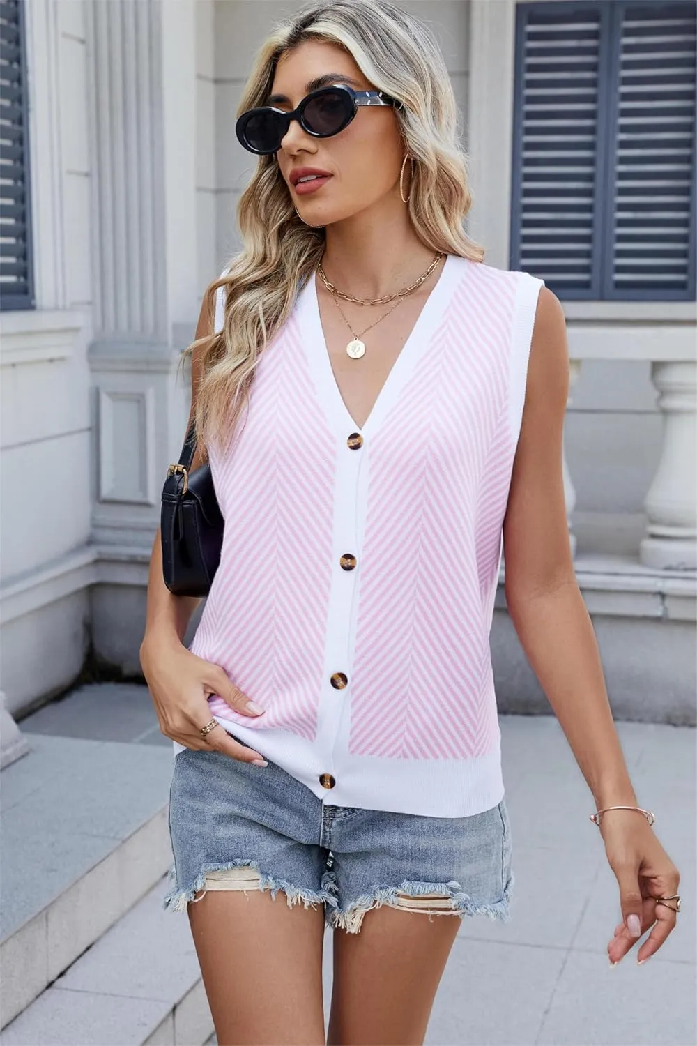 Womens Sweater Vest Summer Striped Cardigan Tops 2025 Sleeveless Button Down Casual Business Knit Outfits